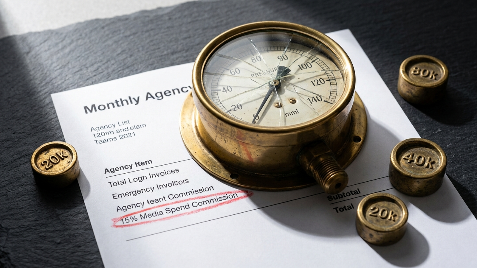 An agency invoice weighed down by a brass meter on a desk.