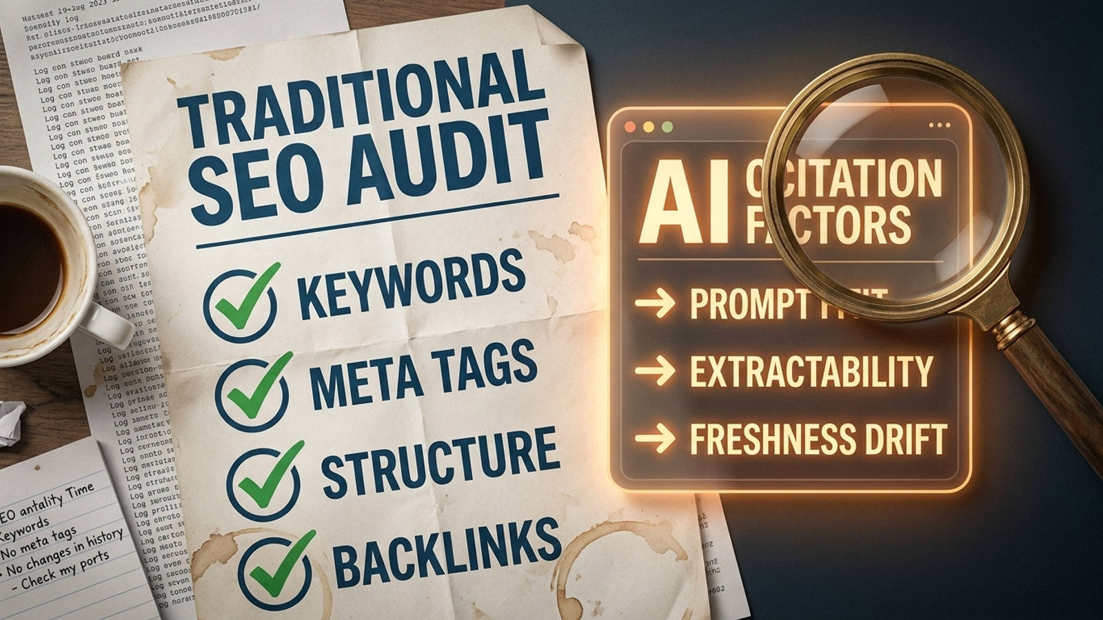 Diagram comparing content-gap checks with the page traits an AI answer can use