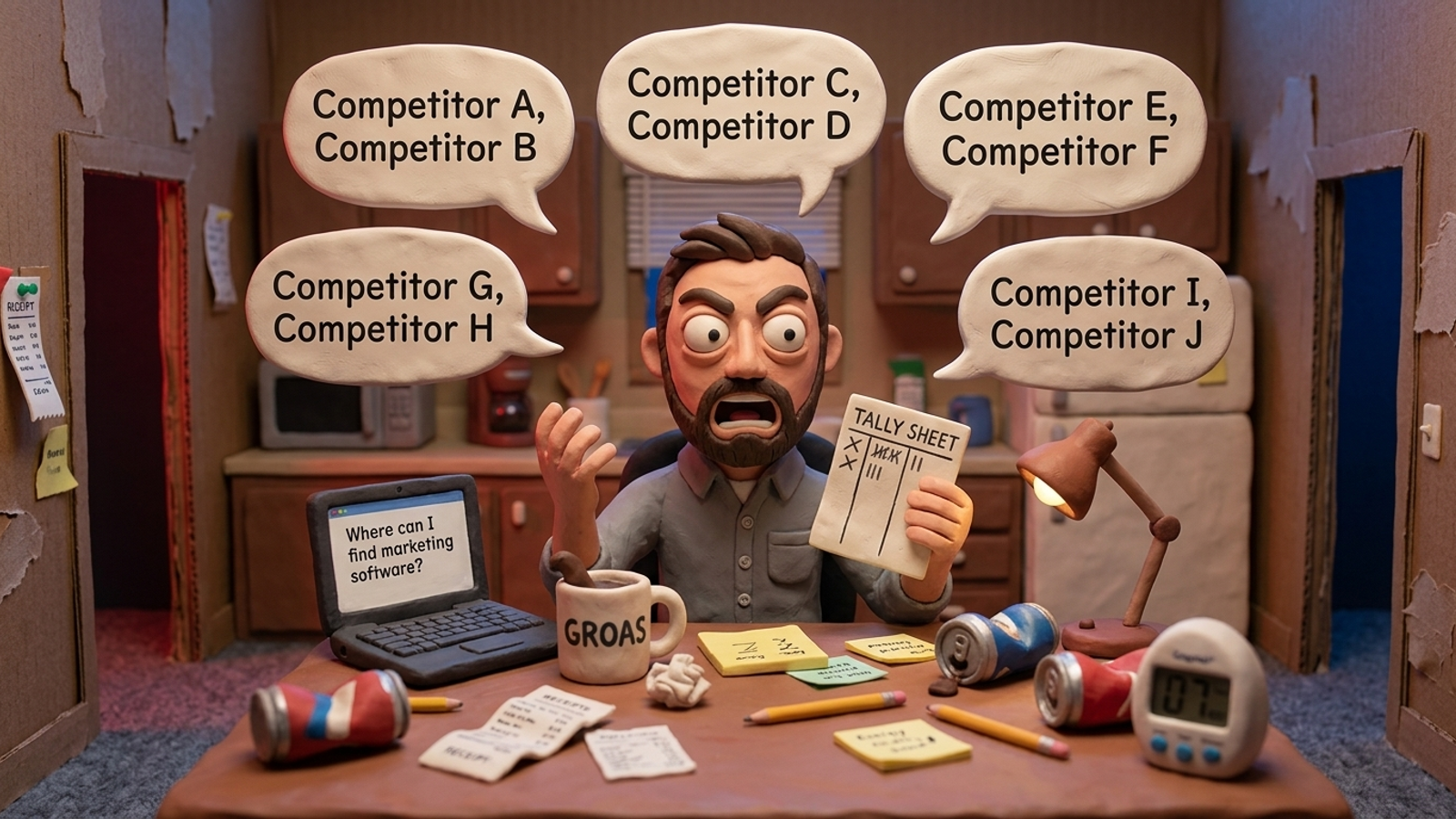 Claymation marketer comparing five different chat answers about the same business