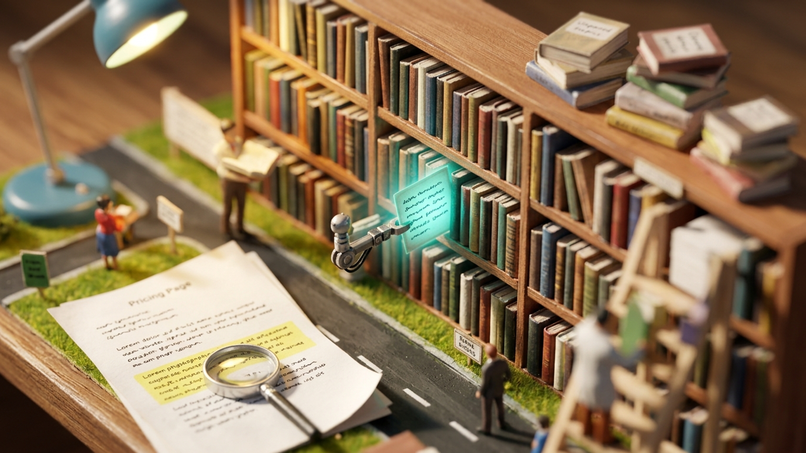 Miniature library where a model pulls out a sentence card to answer a question
