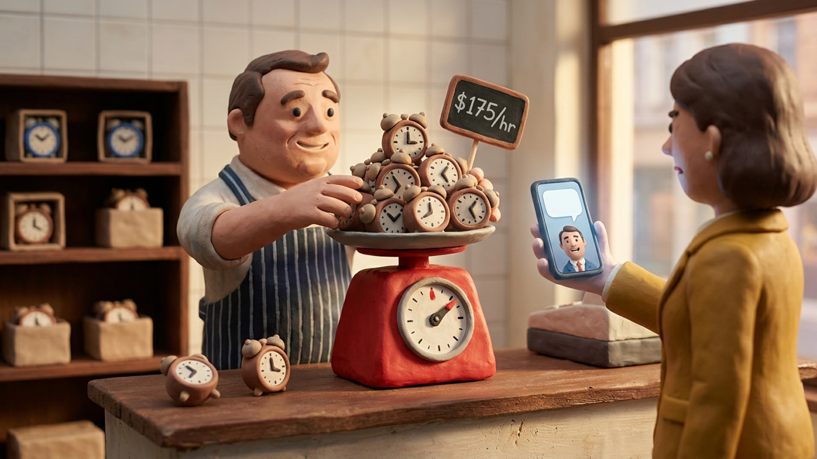 Clay agency owner proudly weighs a pile of alarm clocks on a butcher's scale while his client holds up a phone showing a rival named in a chat answer.