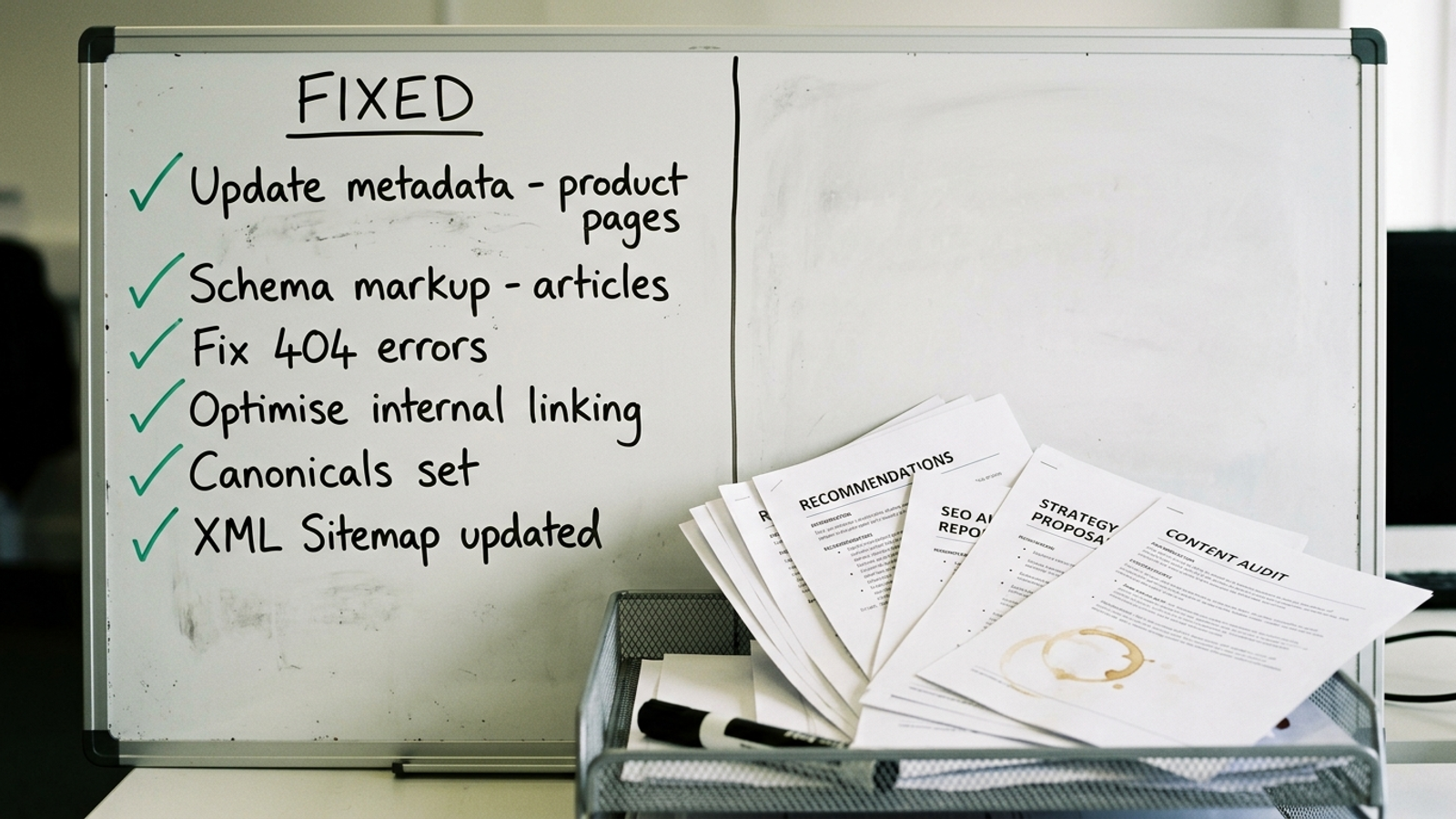 Whiteboard of completed fixes beside a pile of unread recommendation PDFs