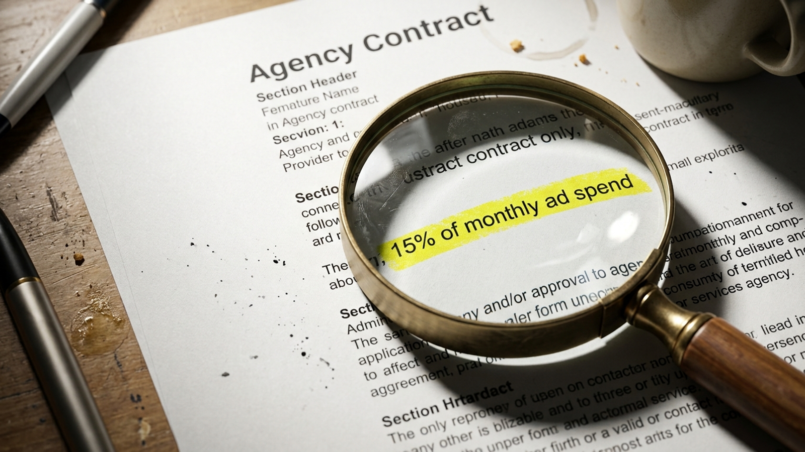 A magnifying glass over an ad-spend fee clause in a contract.