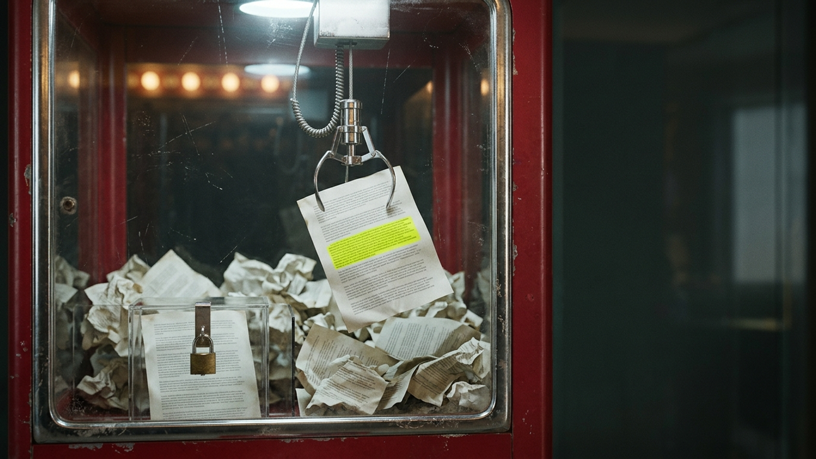 A claw machine lifts one page with a highlighted paragraph from a pile, while another page sits padlocked in a box the claw can't reach.