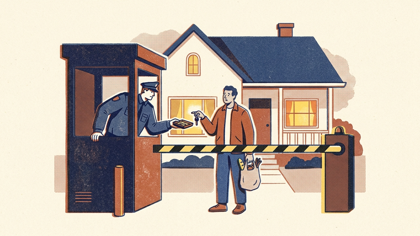 Editorial illustration of a toll booth on a home’s front porch, charging residents returning with groceries.