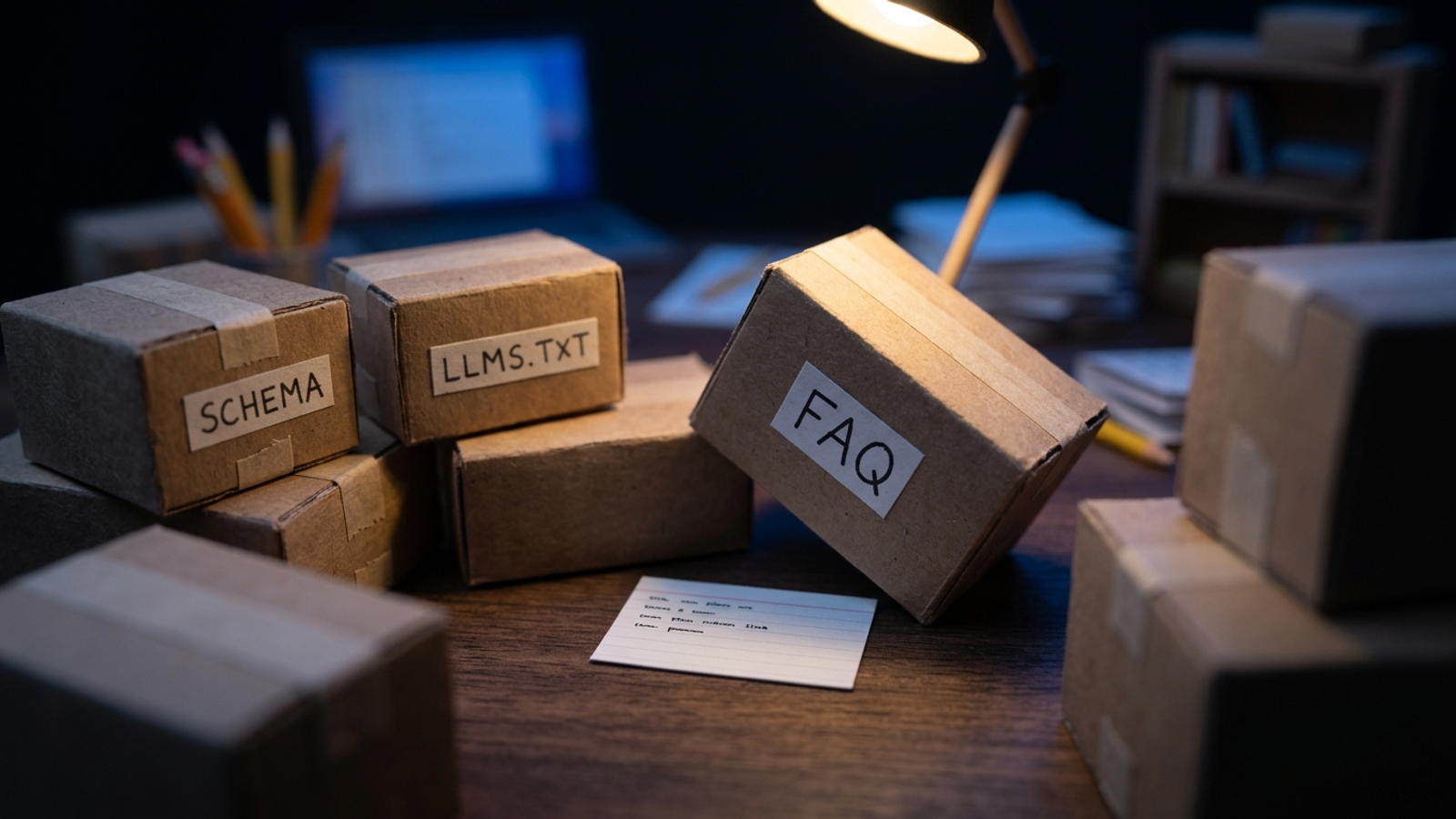 A tiny clear answer card lost under a pile of SEO trick boxes