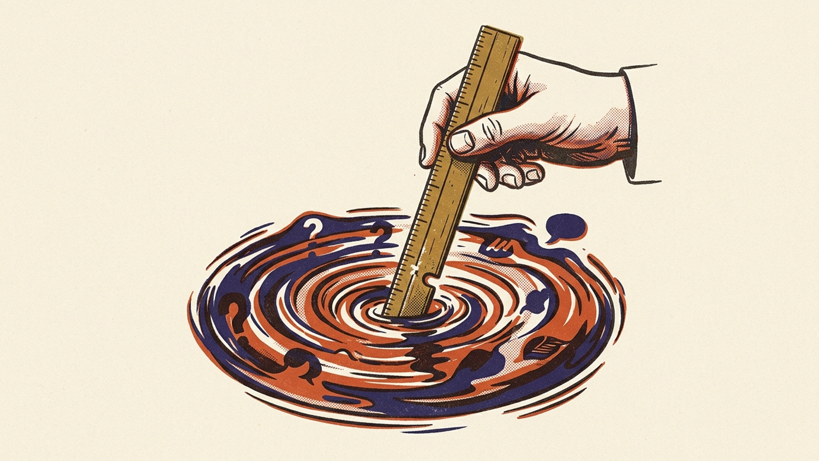 A wooden ruler dipping into swirling water, a rigid measure against fluid AI answers.