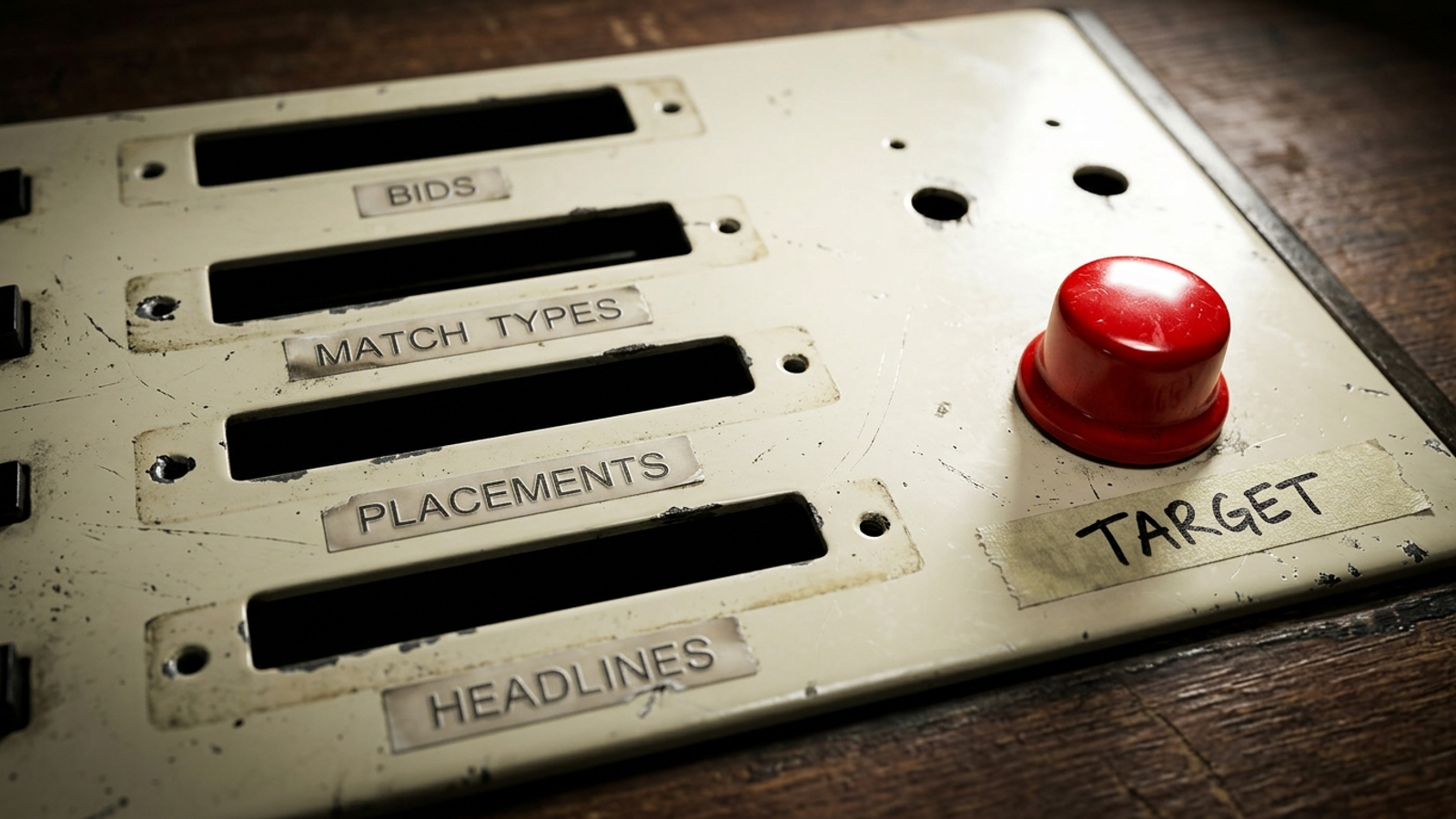 A dusty control console stripped of its faders labelled bids, match types and headlines, leaving one red knob taped 'TARGET' as the decision that remains.
