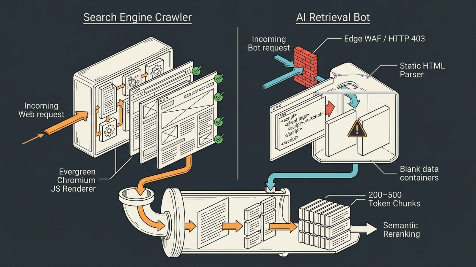 A cutaway diagram shows Googlebot and an AI search bot encountering the same webpage.