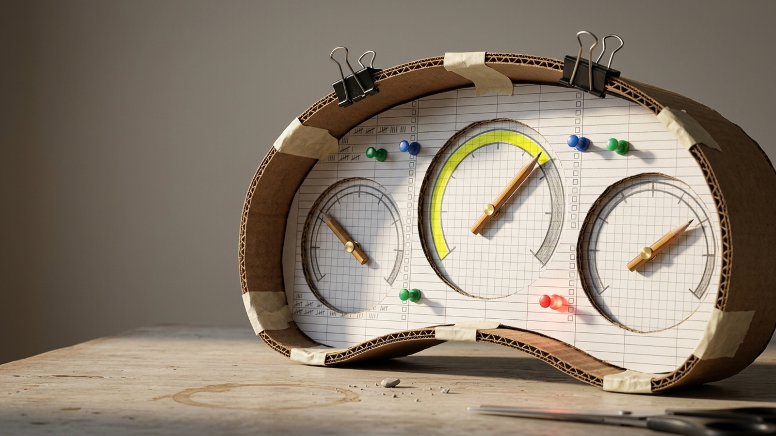 A car dashboard handmade from cardboard, masking tape, spreadsheet printouts and pencil gauge needles, showing a DIY tracker built before buying a real one.