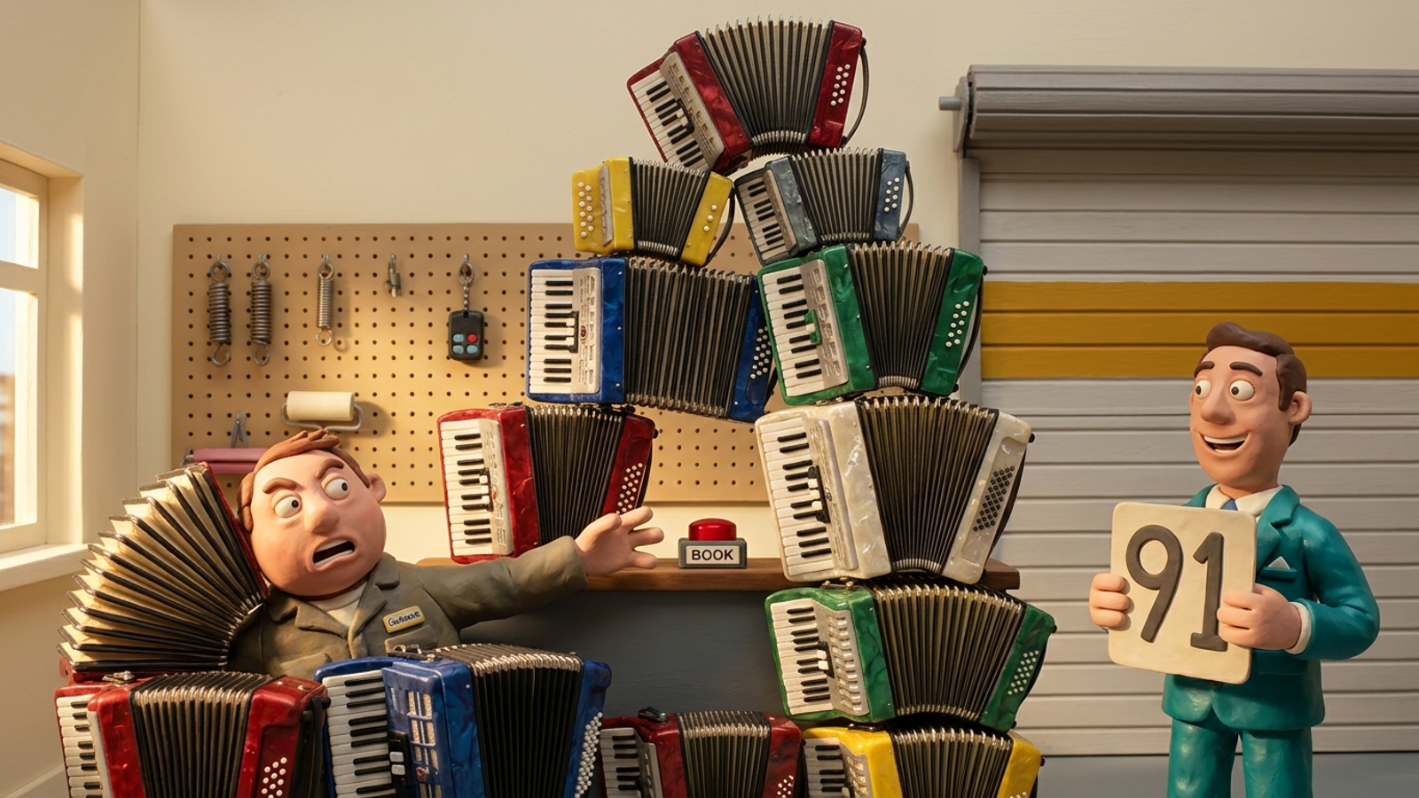 Clay customer squeezes through a wall of musical accordions to reach a red BOOK button while a salesman proudly shows a score of 91.
