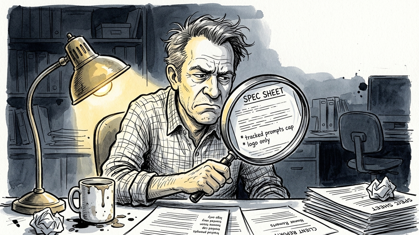 Ink cartoon of an agency owner using a magnifying glass to find caps in an AEO vendor spec sheet