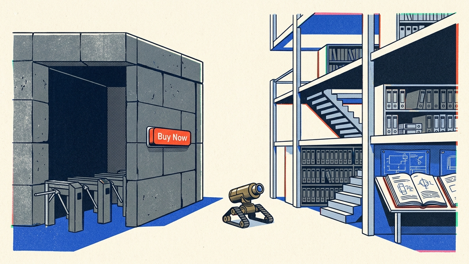 A sealed conversion booth beside an open, multi-story reference library.