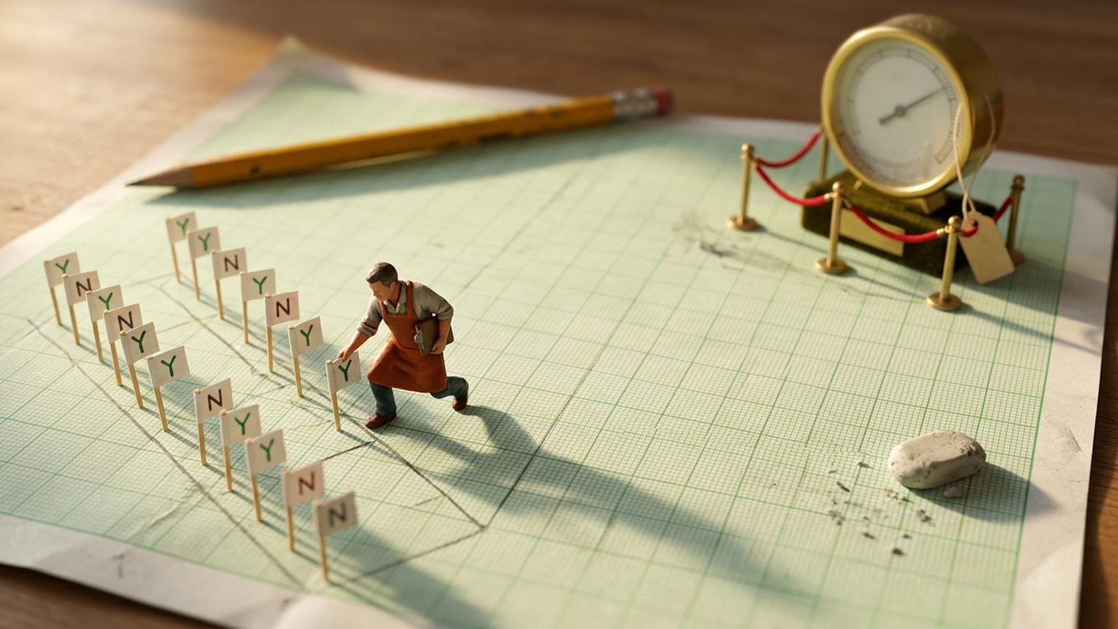 A tiny shopkeeper plants Y and N flags on a graph-paper field while an expensive gold score dial sits roped off and ignored behind them.