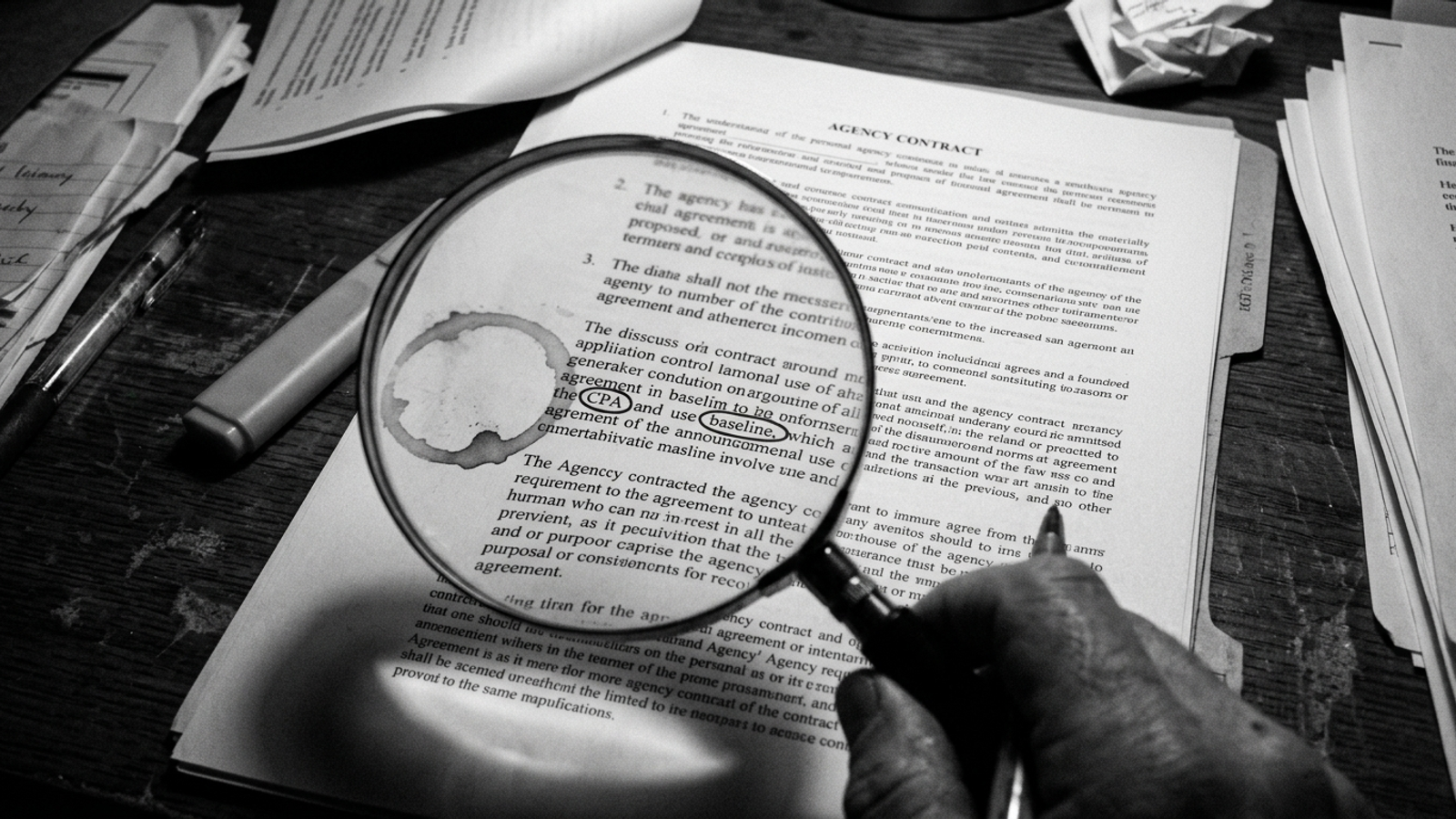Contract fine print under a magnifying glass