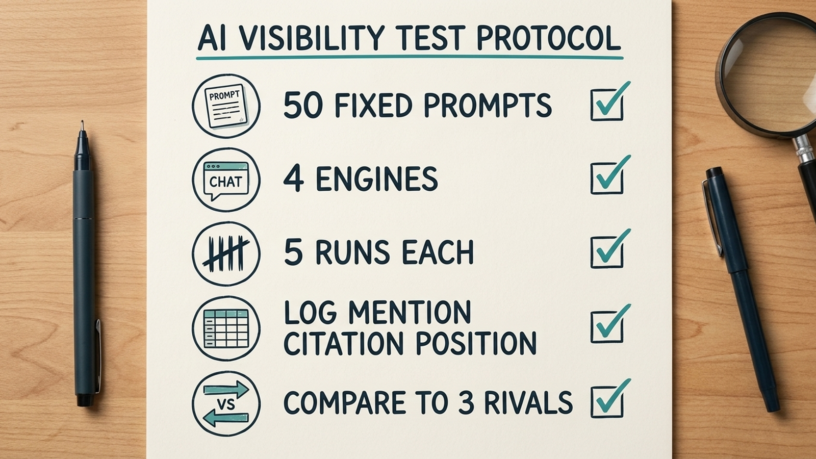 Diagram of the 50-prompt, five-run AI visibility test and its measurements
