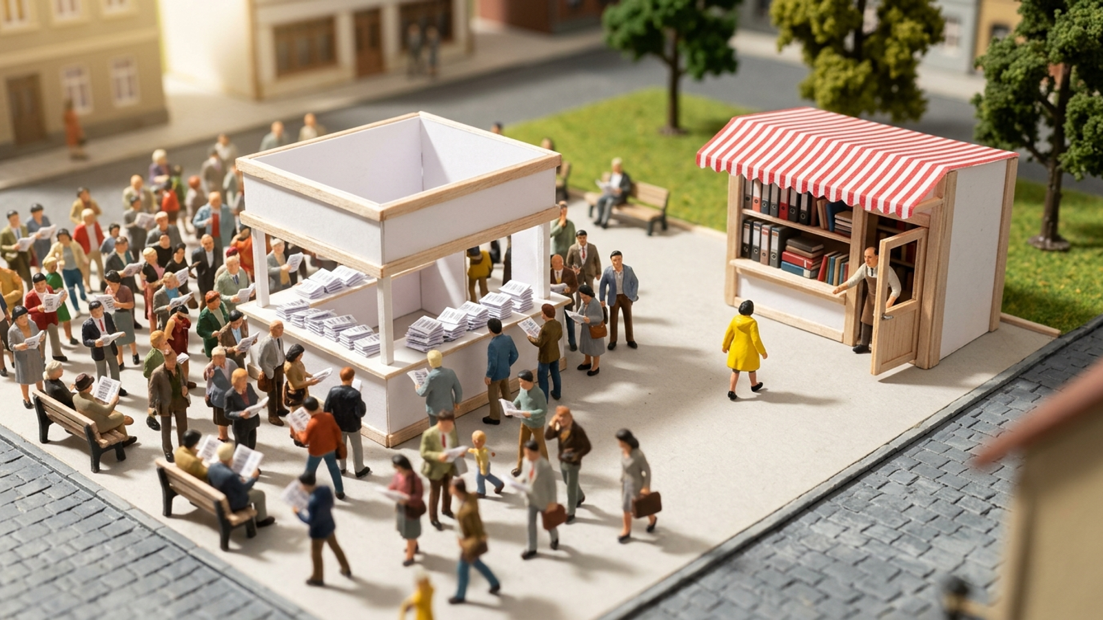 Tabletop model town square: a crowd takes leaflets from a big answer booth, while one figure in yellow walks to the open, empty kiosk just behind it.