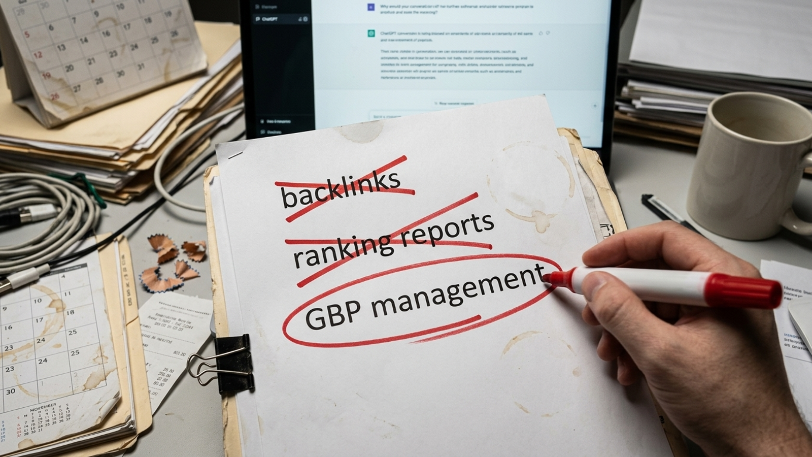 Printed SEO package sheet with every line crossed out except GBP management