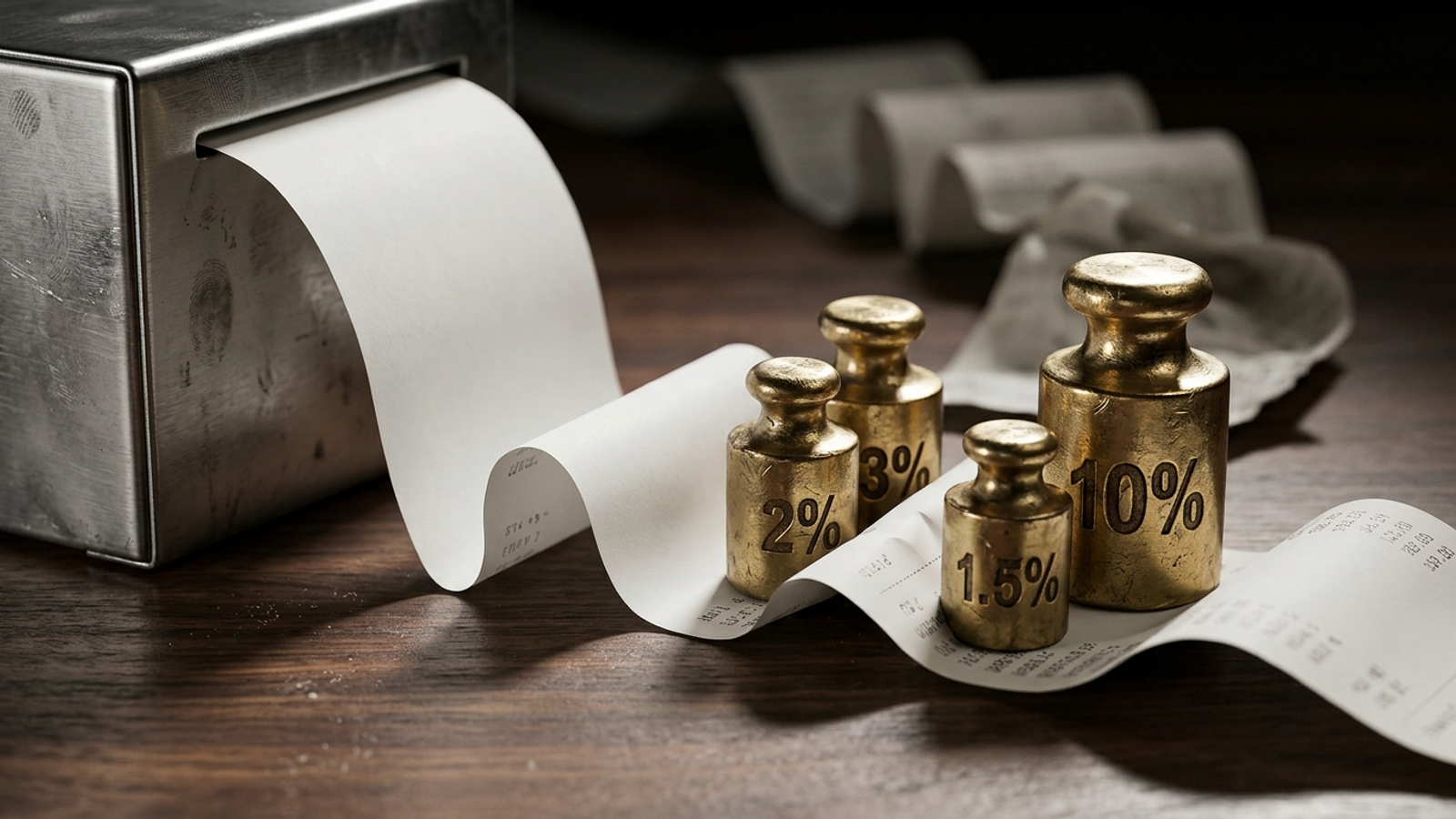 A long receipt unspooling across a dark table, held down by brass weights marked with ad-spend percentages.