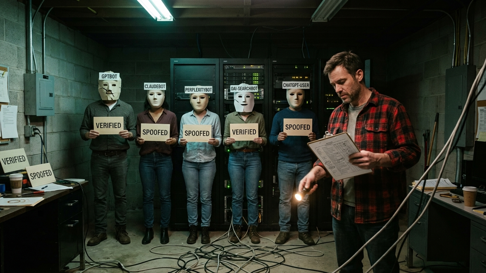 Server log lineup distinguishing verified AI bot fetches from spoofed user agents