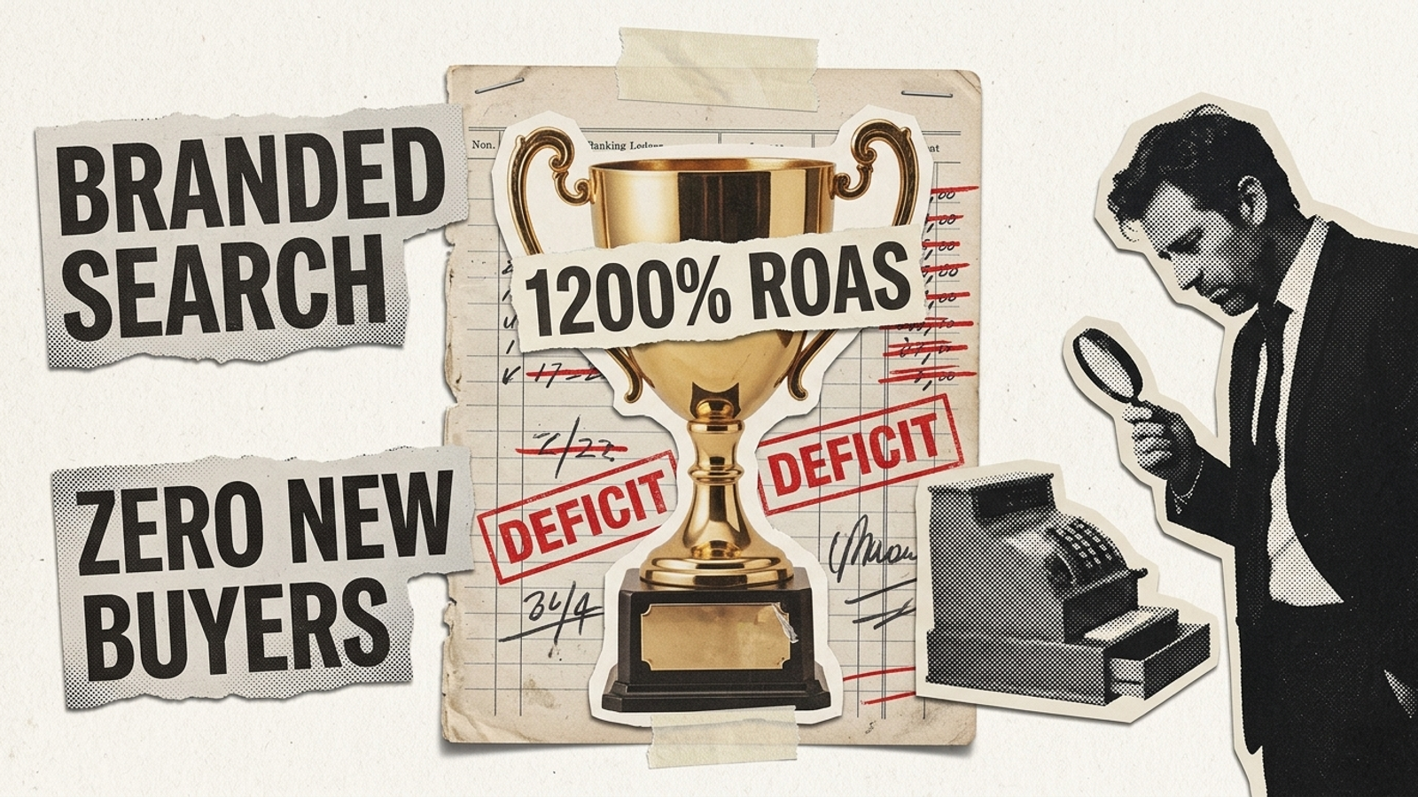 Collage of a glowing analytics trophy over a bank statement marked with negative balances.