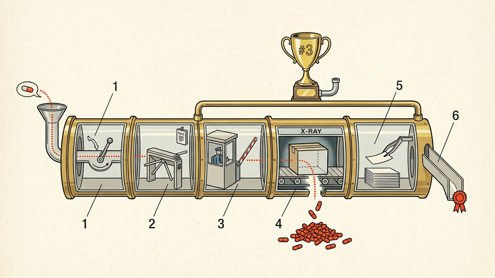 Cutaway diagram of a six-chamber machine where a question capsule leaks out at stage four, while a gold #3 trophy sits disconnected on top.