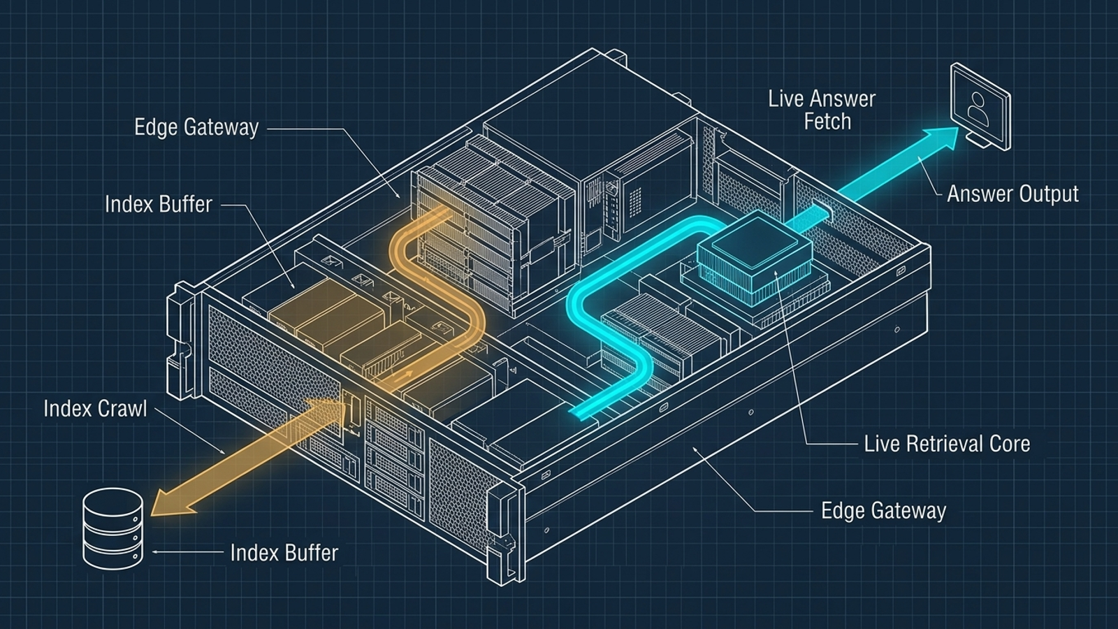 An edge server diagram separates a background index crawl from a live-answer fetch.