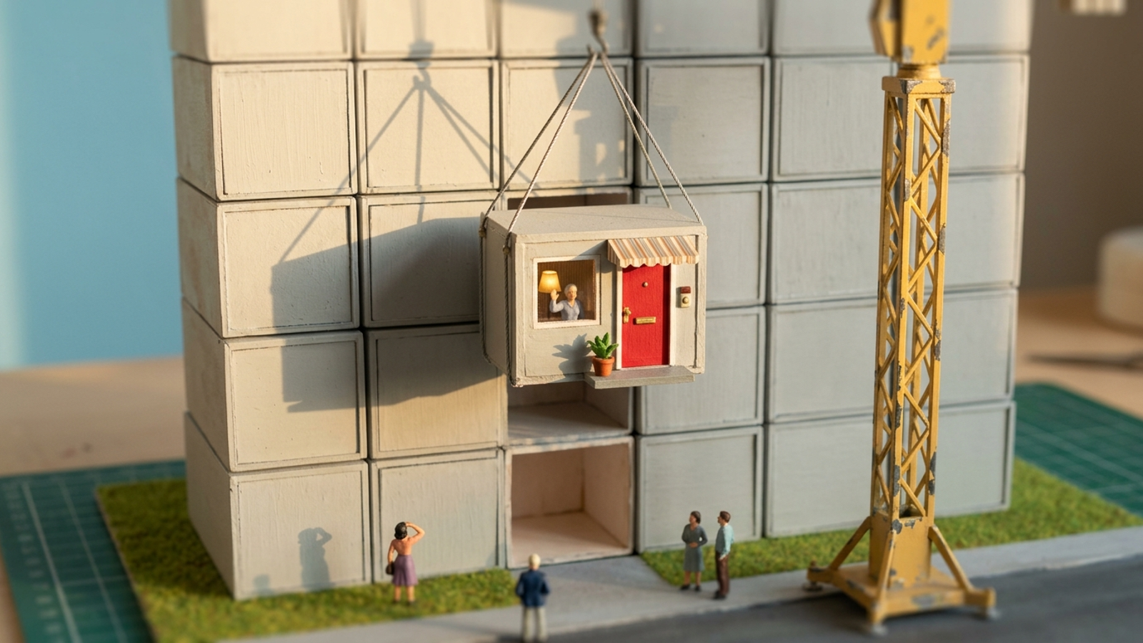 A toy crane lifts one complete apartment unit, with its own door and lit window, out of a model building, showing a page block that works on its own.