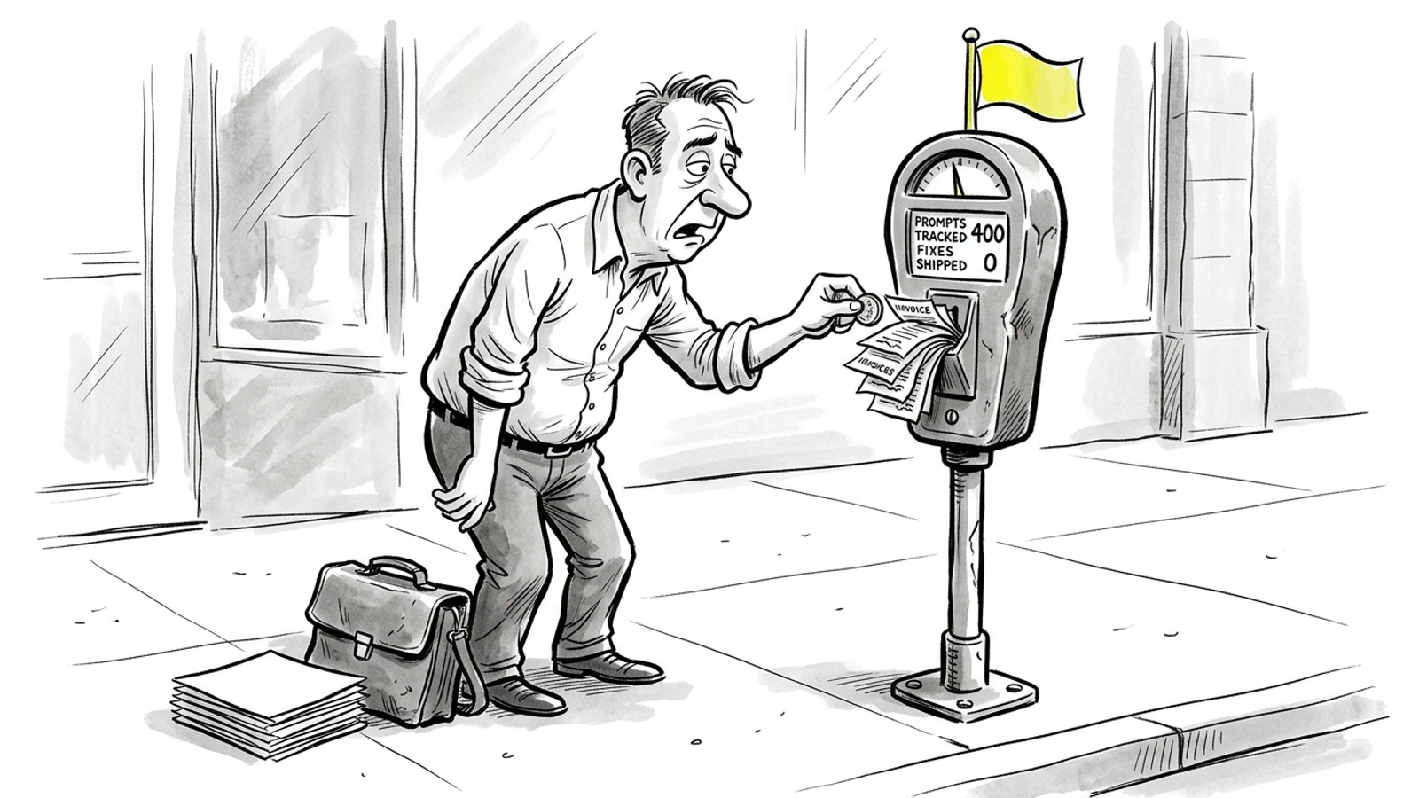 A parking meter beside an agency owner watching visibility dashboards