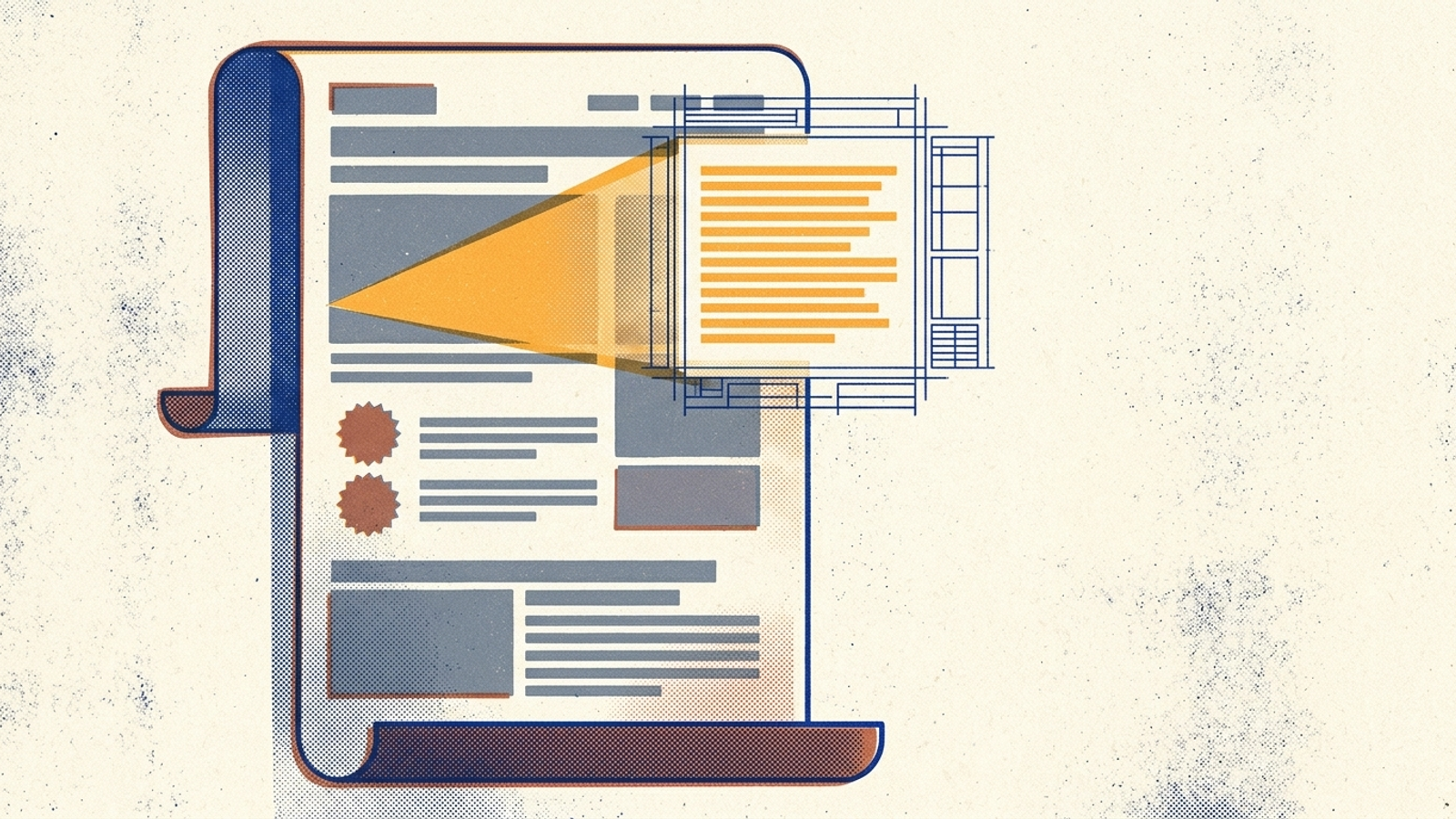 Illustration of a retrieval scanner passing over marketing copy to find a factual passage.