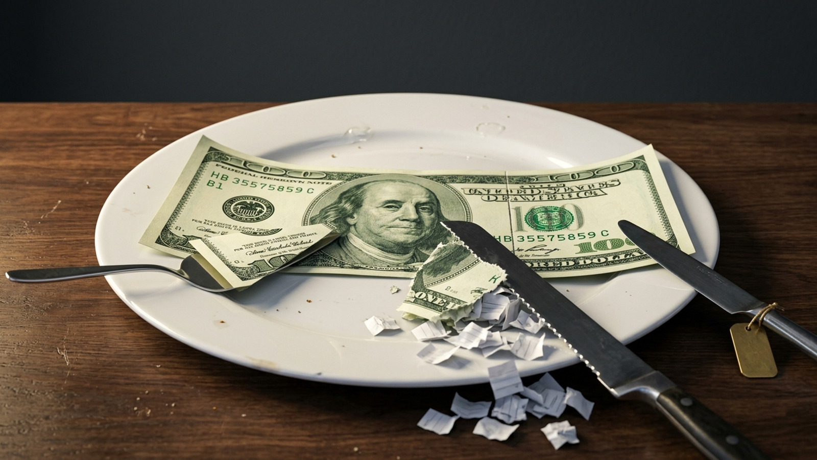 A $100 bill on a cake plate cut three ways: a thin neat wedge, a ragged chunk buried in cheap form slips, and one clean pre-measured line.