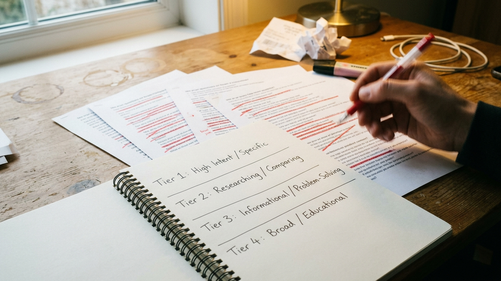 A cluttered keyword list crossed out beside prompts grouped by intent