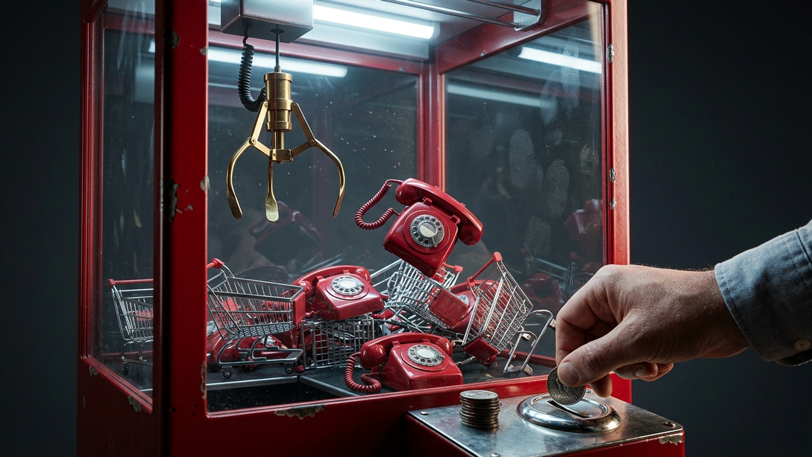 An arcade claw drops a tiny red telephone back onto a pile of prizes while a hand feeds in another coin: you pay whether or not it delivers.