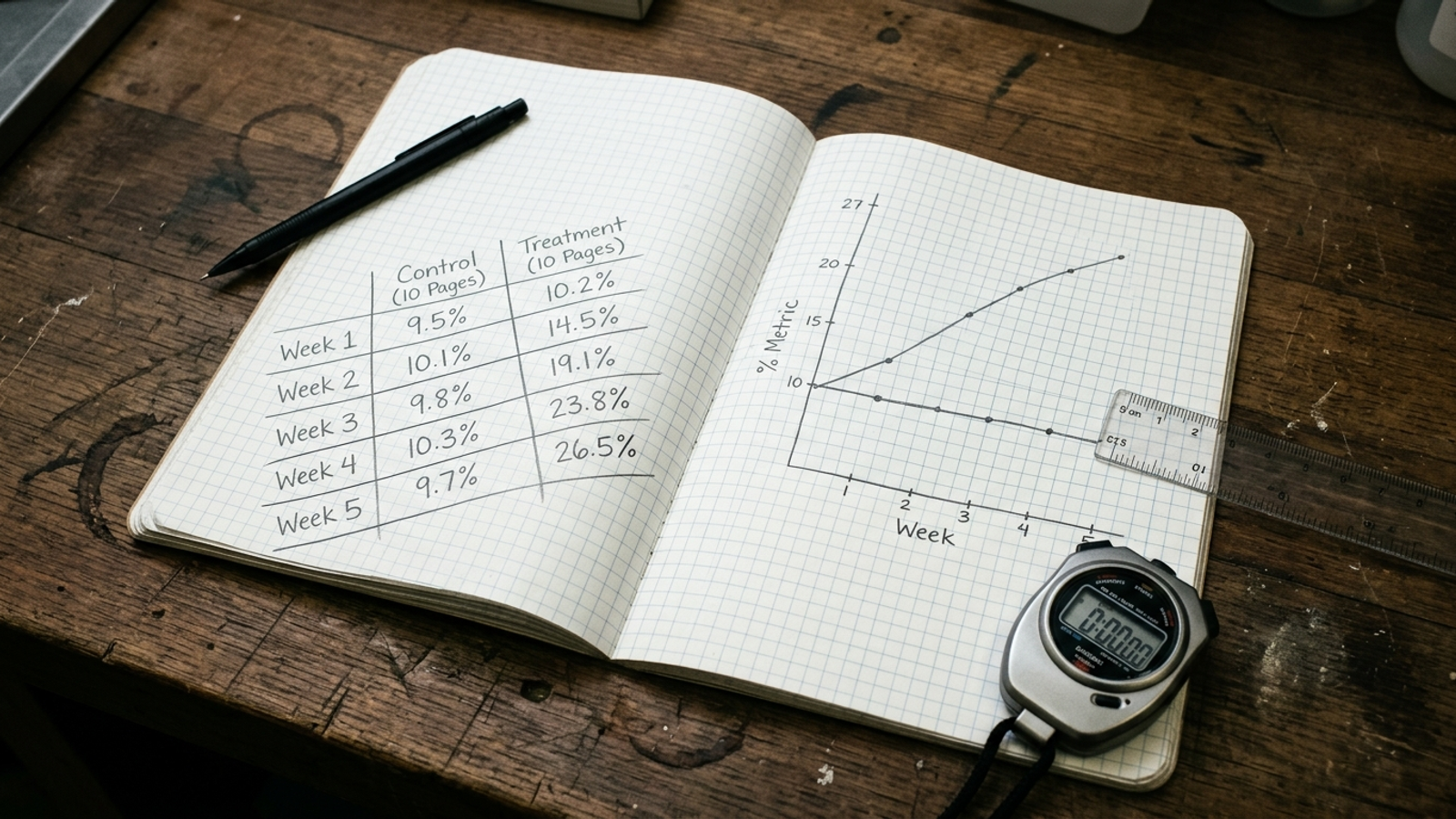 Laboratory notebook showing treatment and control citation rates recorded over time.