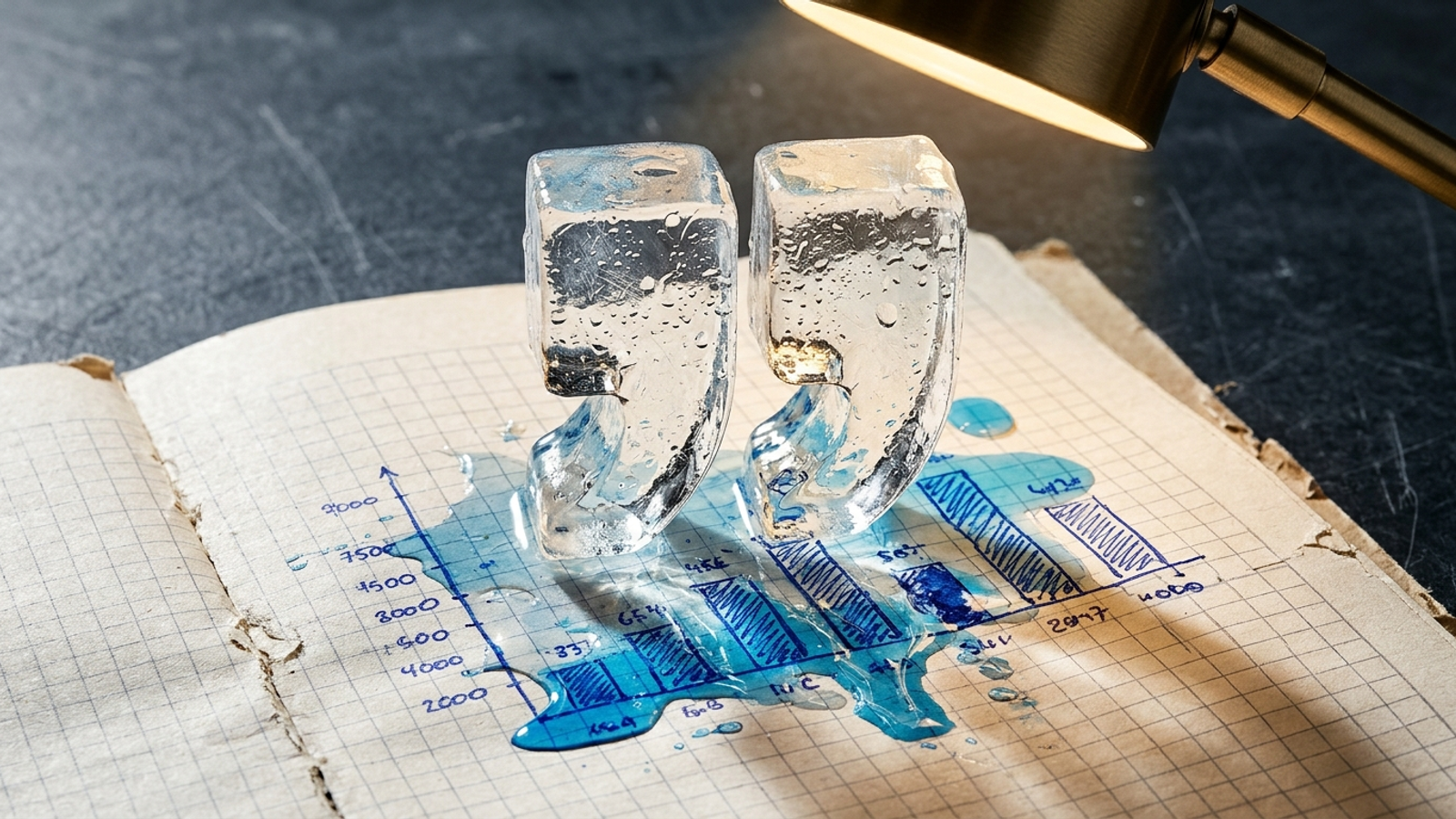A carved ice quotation mark melting under a desk lamp onto graph paper with fading lines.