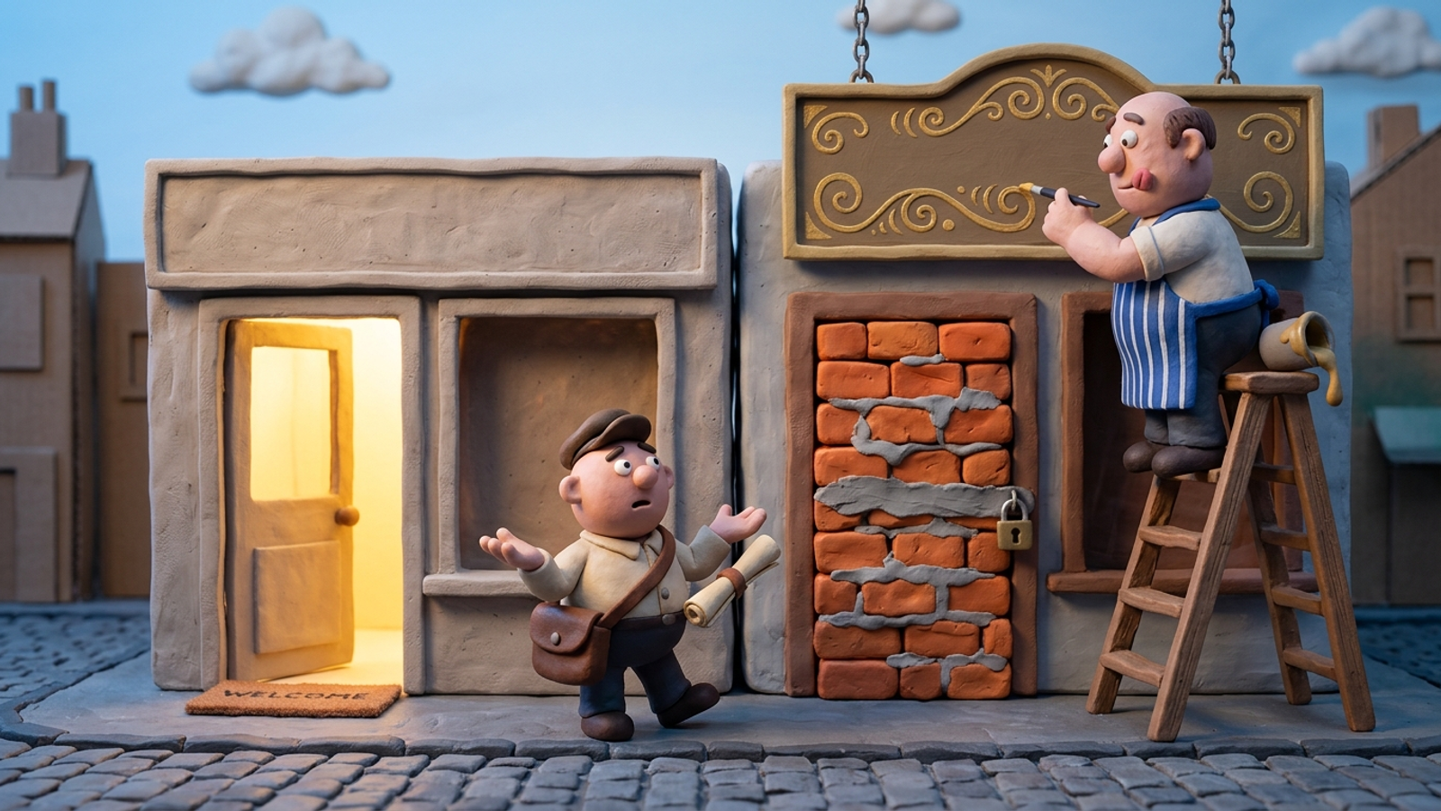 Clay shopkeeper paints a fancy sign above his bricked-up door while a messenger shrugs and heads to the open shop next door, showing access beats polish.