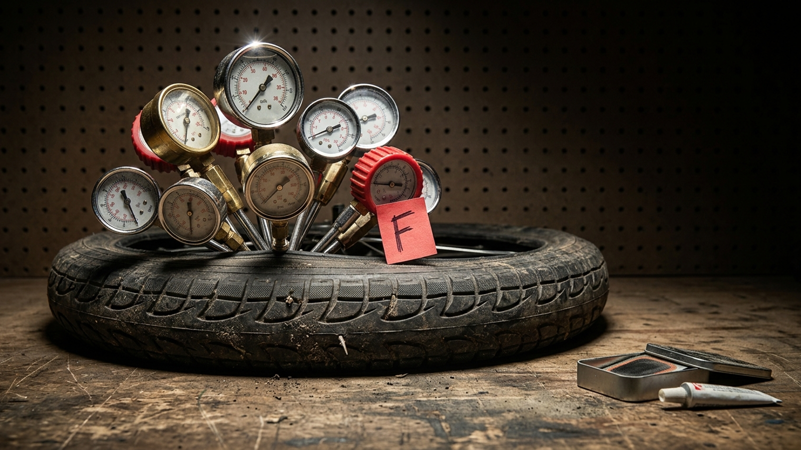 A flat bicycle tyre stuck with a dozen pressure gauges all reading zero, while an unopened repair kit sits nearby: measuring doesn't fix it.
