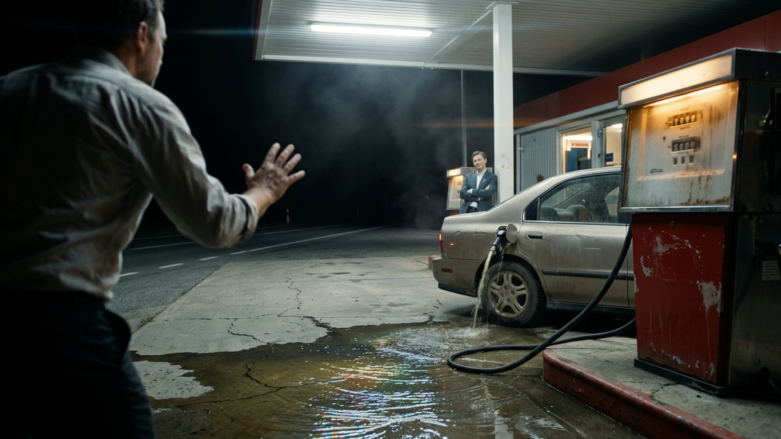 At night a gas pump overflows a car's tank onto the ground as its meter spins and an attendant smiles, showing fees that grow with spend, not results.