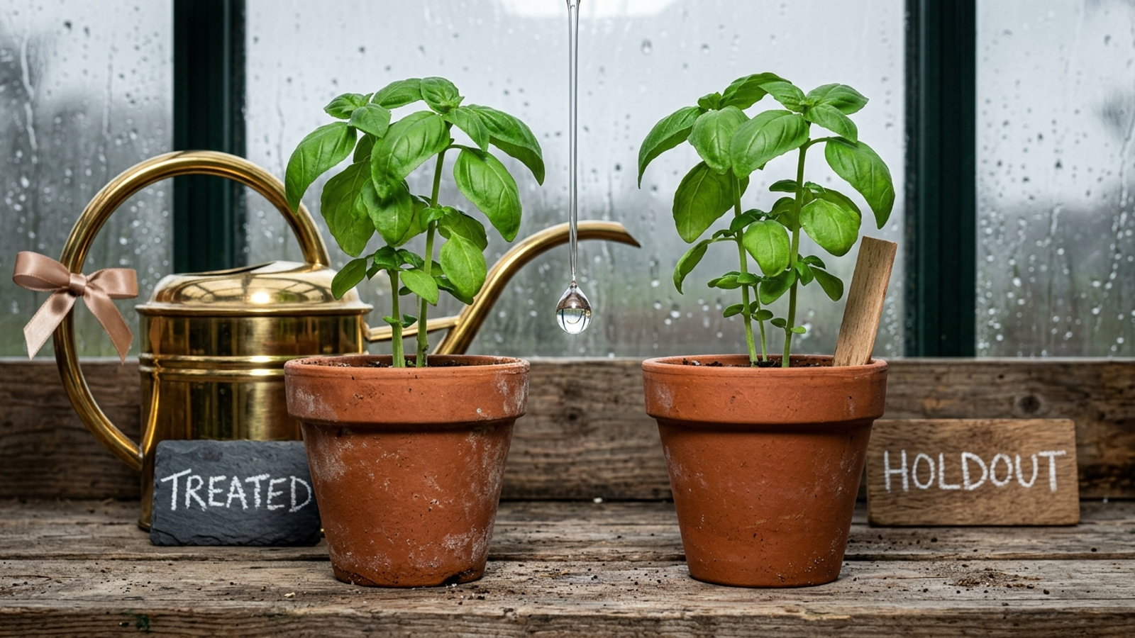 Two identical basil plants grown to the same height, one beside a fancy brass watering can, the other an untouched holdout, both watered by a leaking roof.