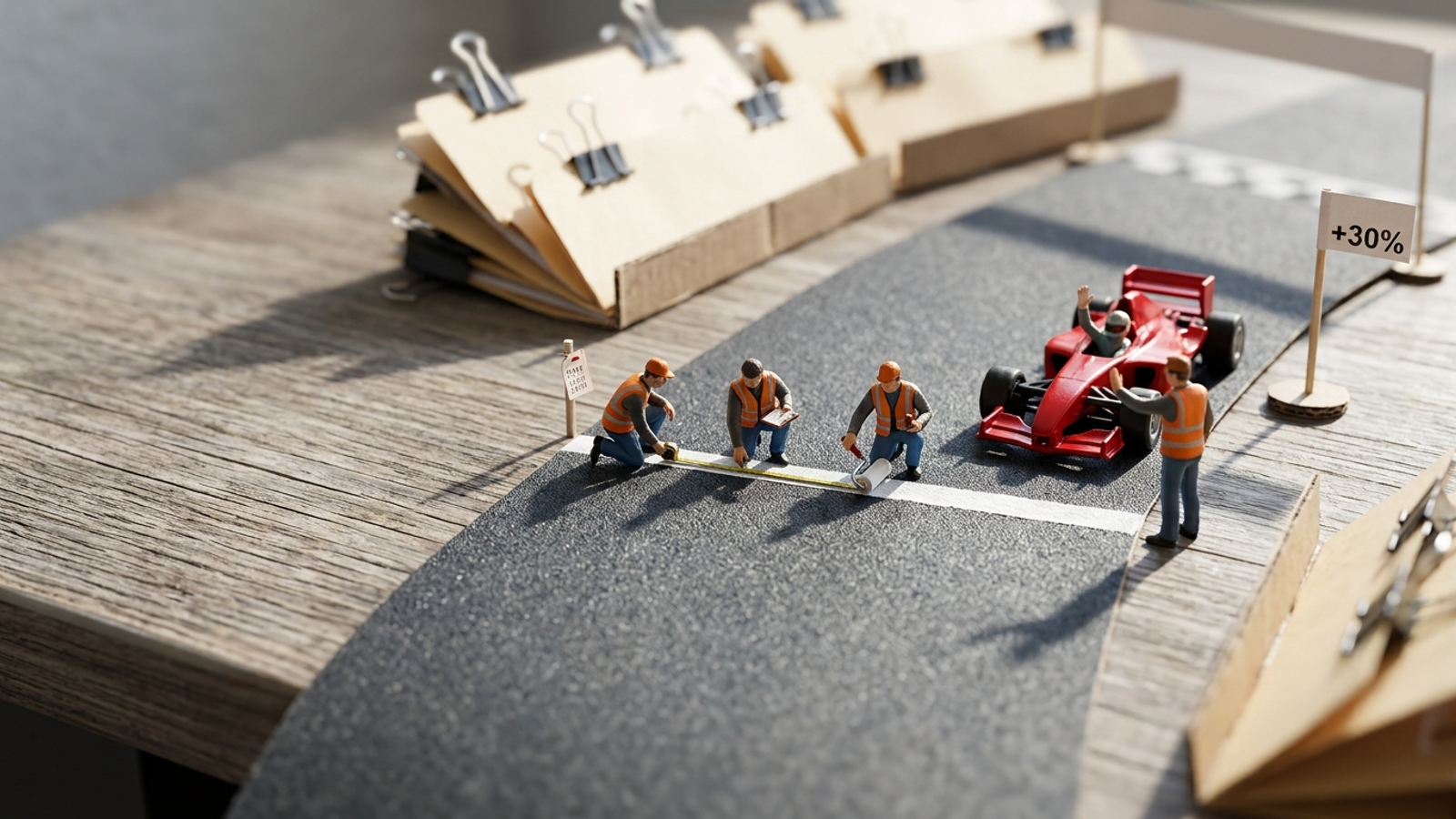 Tiny model officials paint and measure a start line on a toy racetrack while an impatient red race car waits, already aiming for a '+30%' finish line.