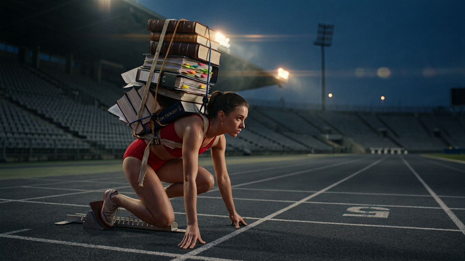 A sprinter crouches in starting blocks with a towering stack of encyclopedias and binders strapped to her back, a fast page weighed down by reference copy.