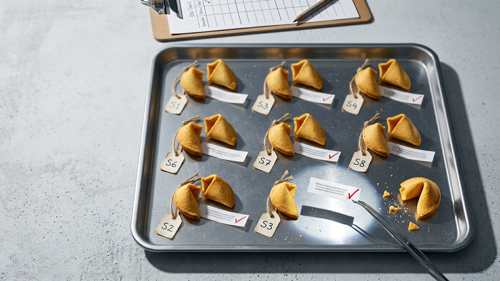 Rows of numbered, cracked fortune cookies on a lab tray, a few slips ticked in red, showing AI answers must be sampled repeatedly, not trusted once.