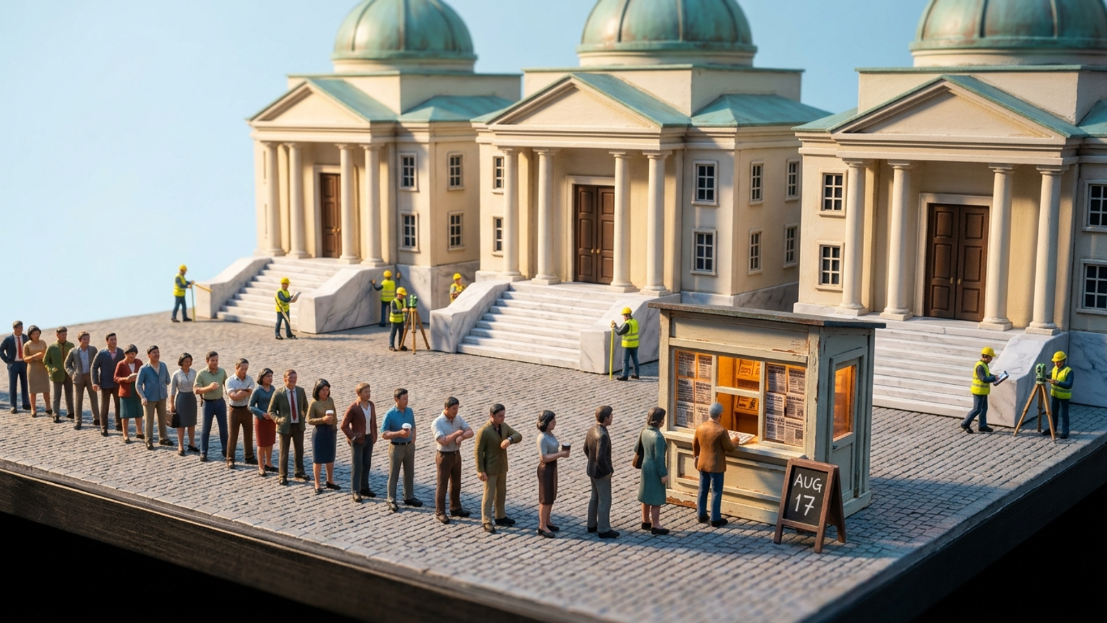 Model town where surveyors measure grand empty domed halls while a long queue lines up at one tiny kiosk marked AUG 17, the small dated answer everyone wants.