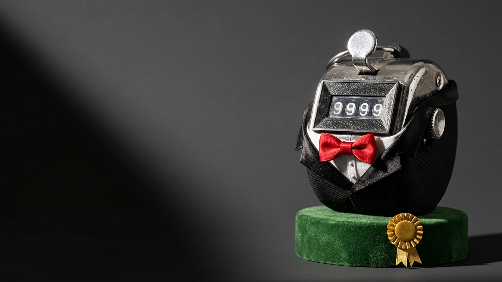 A chrome tally counter wearing a tiny tuxedo and red bow tie poses on an award plinth: a hit counter dressed up as a result.