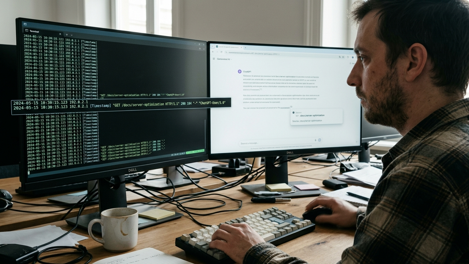 Server access log entries beside a browser displaying an AI assistant’s cited answer