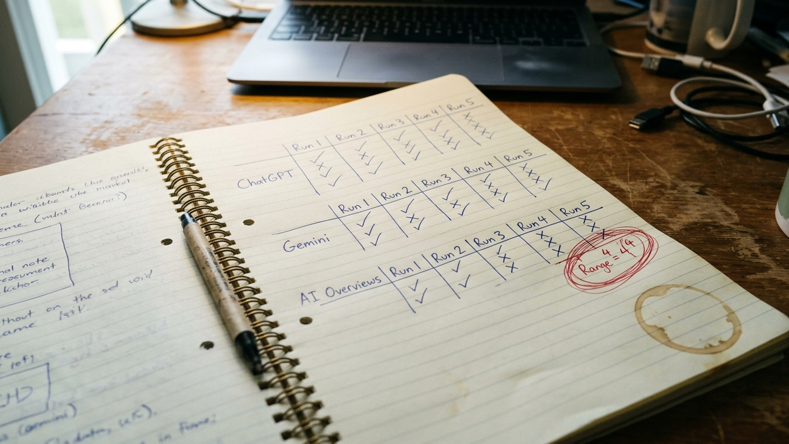 Lab notebook showing AI brand-mention tallies varying across repeated runs