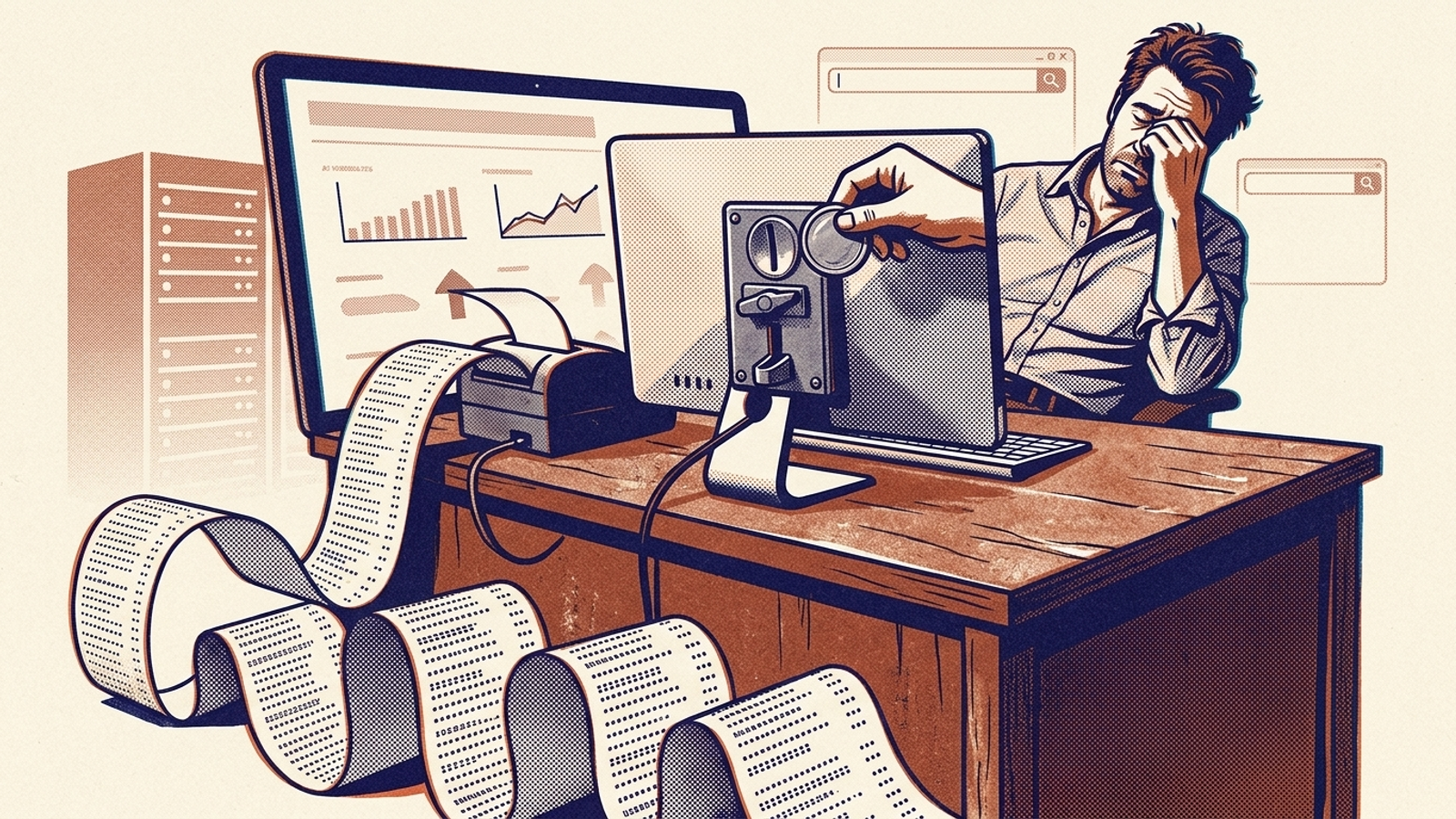 Illustration of a monitor with a coin slot and a cascading receipt of software fees.