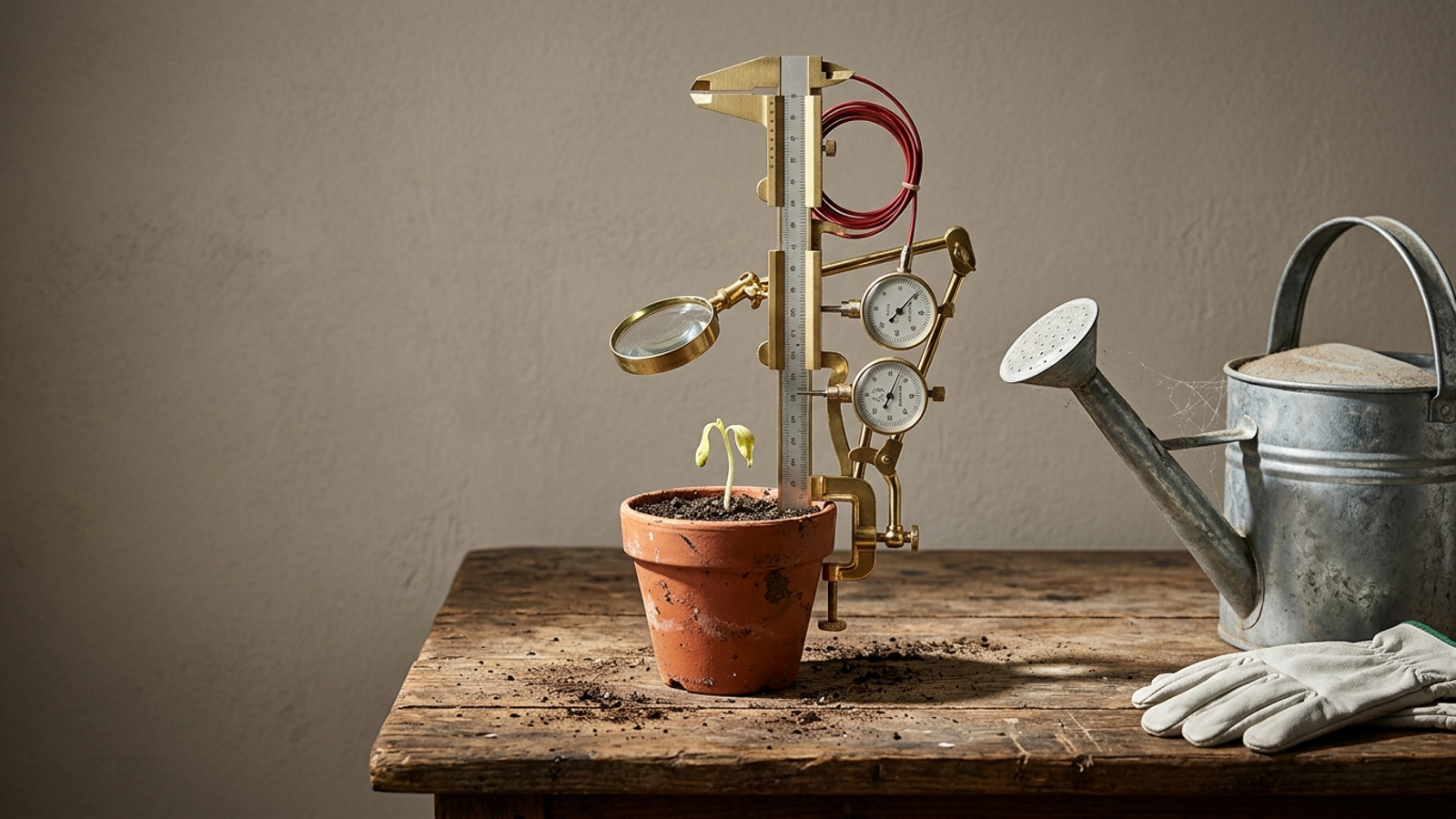 A tiny seedling under a towering, ornate brass measuring rig, beside a dry, dusty watering can: lots of measuring, no watering.