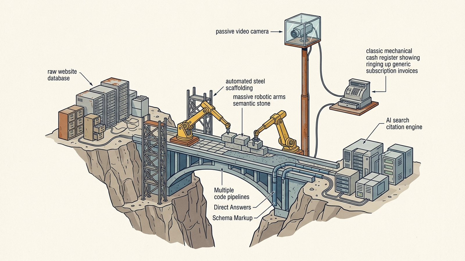 Cutaway diagram of an engine building a stone bridge across a gap while a monitoring camera watches.