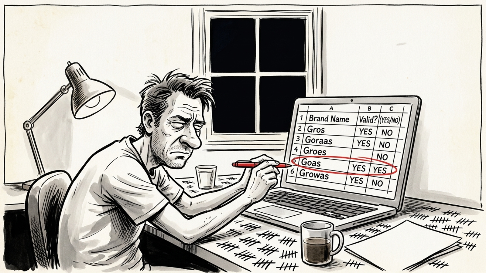 Ink cartoon of marketer staring at spreadsheet full of checkmarks and crosses for brand mentions